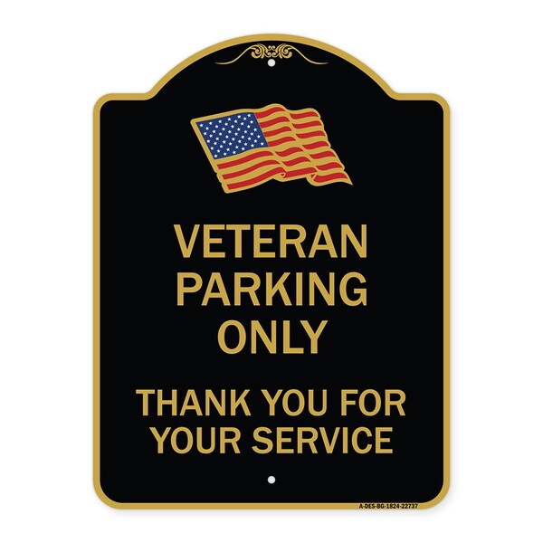 Signmission Veteran Parking Thank You for Your Service, Black & Gold Aluminum Sign, 18" x 24", BG-1824-22737 A-DES-BG-1824-22737 - main